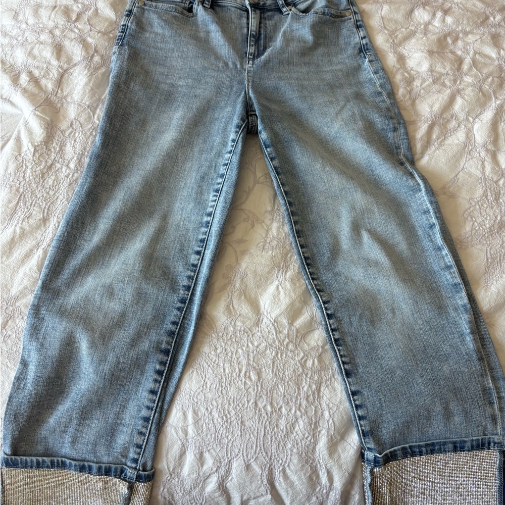 Karl Lagerfeld Blue Cropped Bling Cuff Ankle Jeans